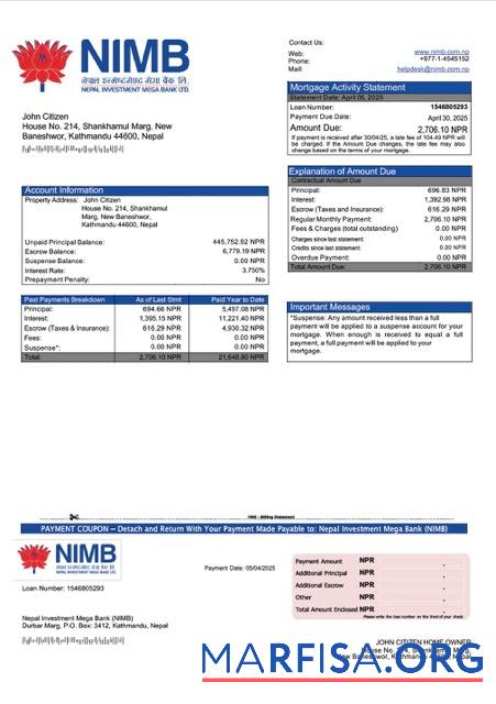 Realistic Nepal Investment Mega Bank (NIMB) mortgage statement Word and PDF template